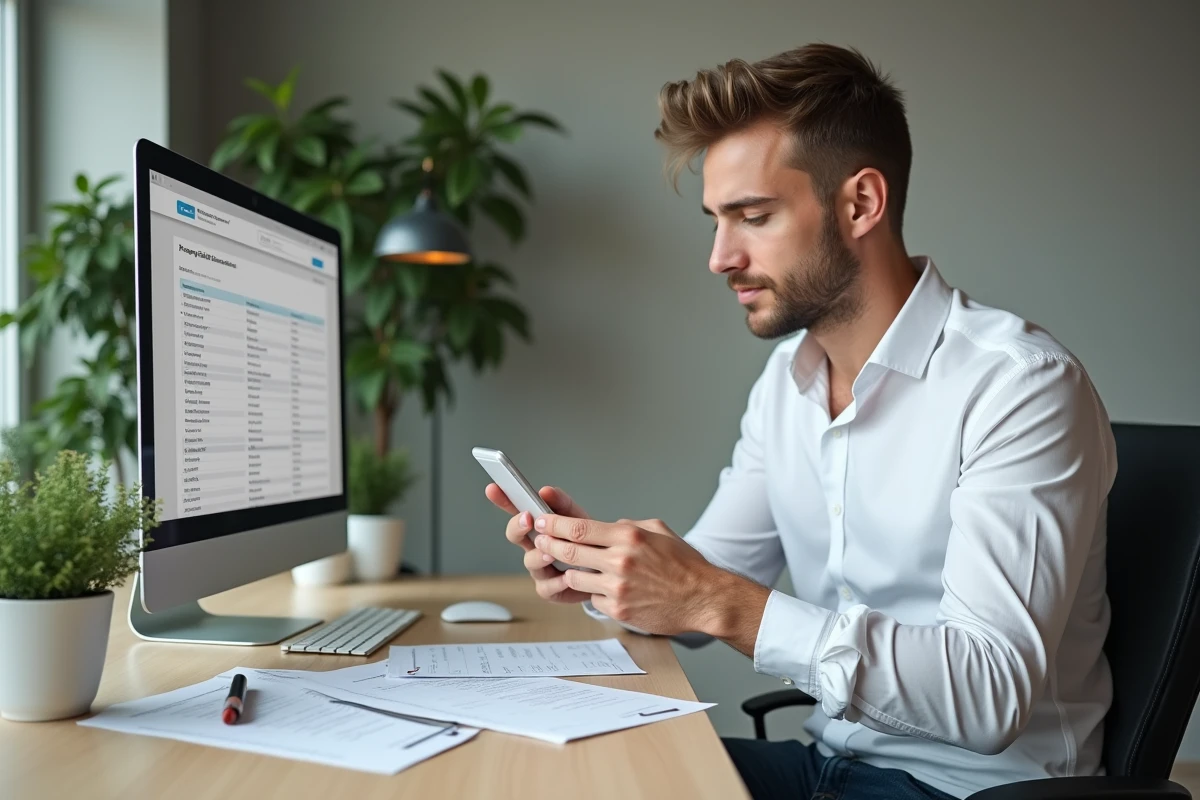 Jeune homme utilisant son smartphone au bureau moderne