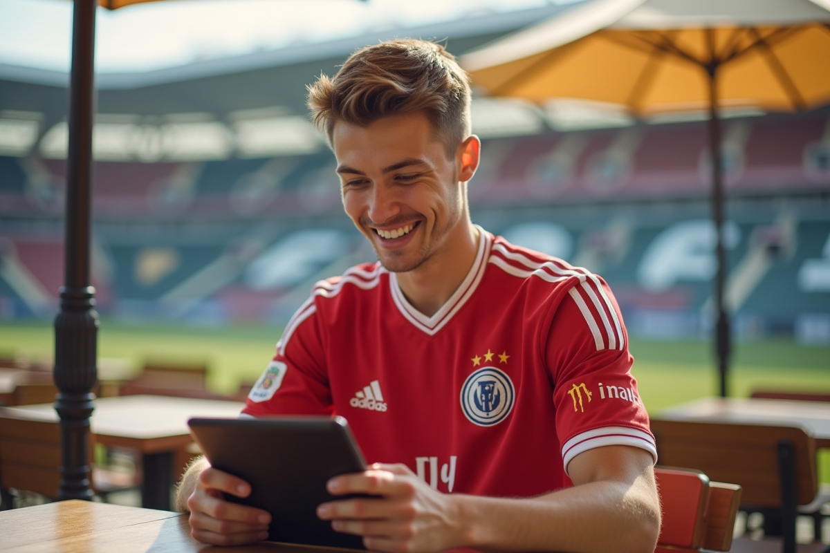 Jeune homme en maillot de Ligue 2 sur une terrasse ensoleillee