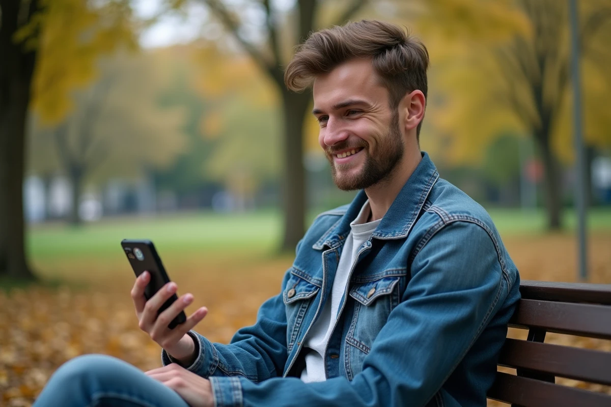 Jeune homme en vidéo appel dans un parc urbain