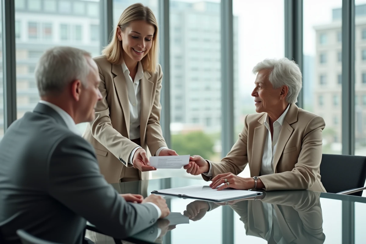 Jeune notaire femme remettant un contrat à un couple dans une salle moderne