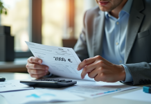 Jeune professionnel vérifiant une fiche de paie avec 2000 euros