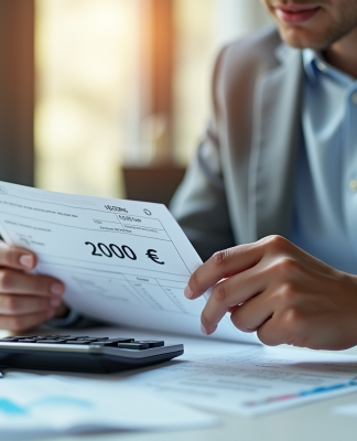 Jeune professionnel vérifiant une fiche de paie avec 2000 euros
