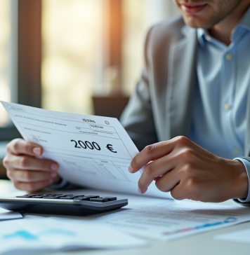 Jeune professionnel vérifiant une fiche de paie avec 2000 euros
