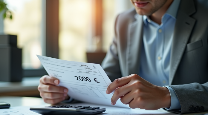 Jeune professionnel vérifiant une fiche de paie avec 2000 euros