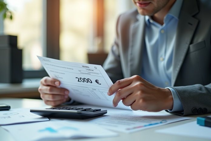 Jeune professionnel vérifiant une fiche de paie avec 2000 euros
