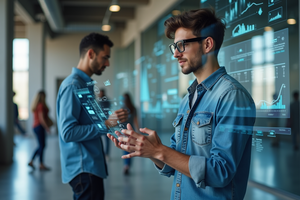 Jeune ingénieur interagissant avec un écran AI dans un bureau contemporain