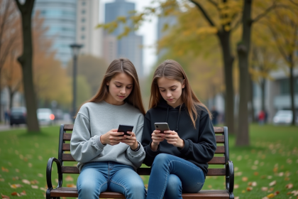 Adolescents assis sur un banc dans un parc avec smartphones