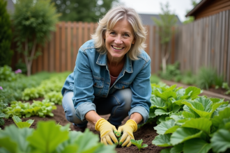 Femme d'âge moyen en jardinage dans son jardin verdoyant
