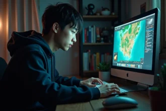 Joueur de jeu de rôle en ligne concentré devant son écran d'ordinateur affichant une interface RPG fantastique, illustrant les erreurs fréquentes sur Dofus Portail