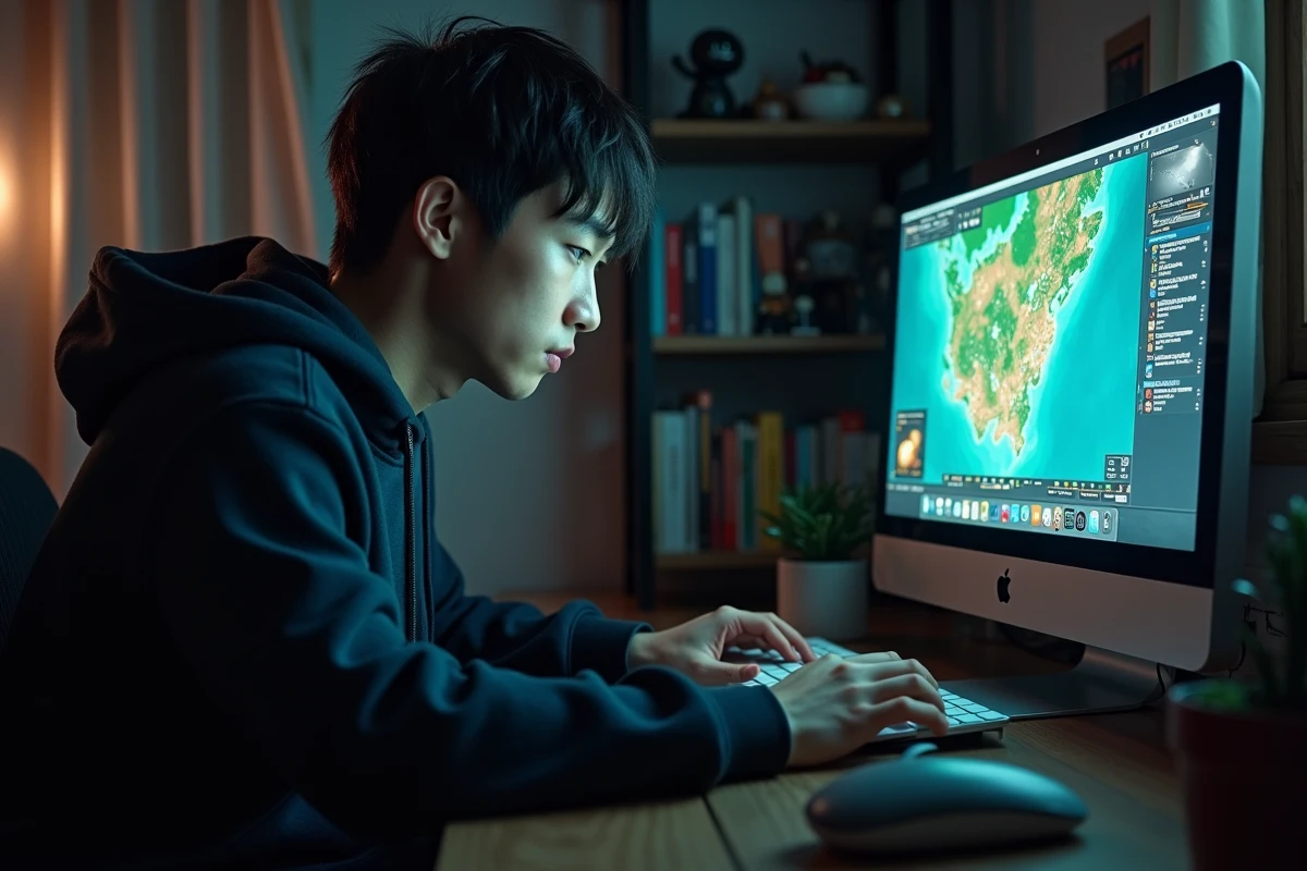 Joueur de jeu de rôle en ligne concentré devant son écran d'ordinateur affichant une interface RPG fantastique, illustrant les erreurs fréquentes sur Dofus Portail
