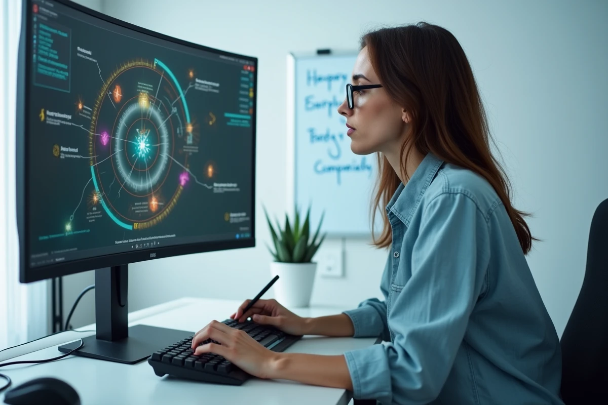 Joueuse adulte analysant des coordonnées de portails sur un écran de jeu RPG dans un bureau minimaliste, illustrant les solutions aux erreurs de navigation sur Dofus Portail
