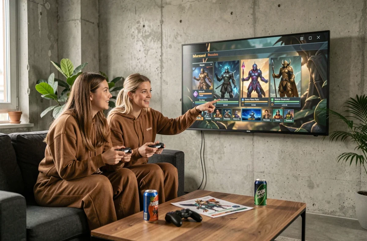 Deux joueuses discutant d'organisation d'équipe pour l'XP Chasseur devant un écran de jeu RPG en salon