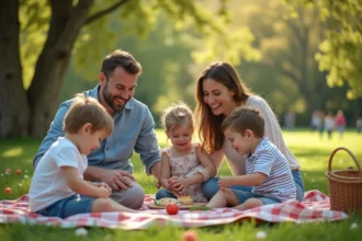 Famille française profitant d'un jour férié de mai en pique-nique dans un parc verdoyant au printemps 2026