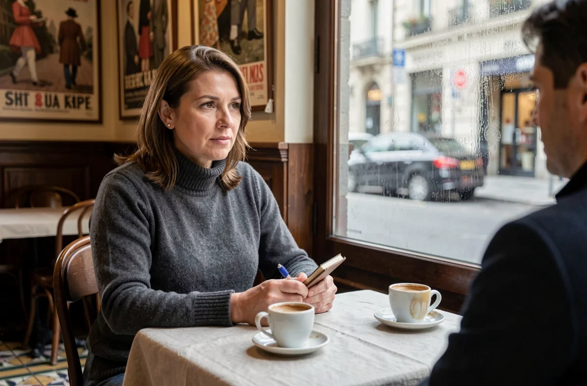Journaliste prenant des notes dans un café parisien lors d'un entretien sur l'art et la religion