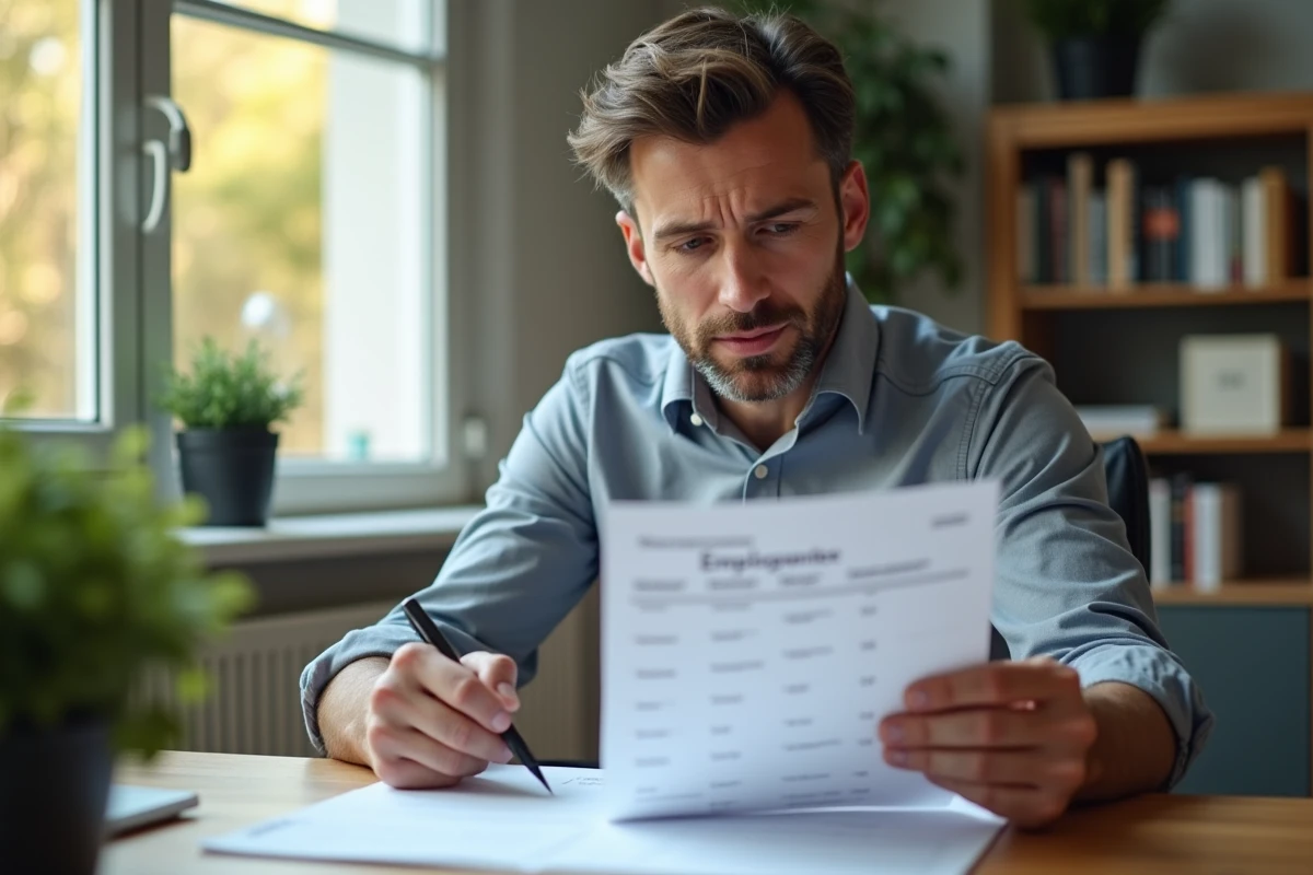 Employé consultant un calendrier des jours fériés de mai 2026 et un bulletin de salaire à son bureau à domicile
