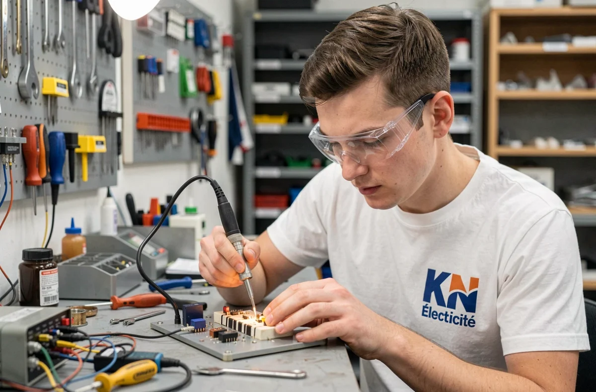 Technicien de KN Électricité réalisant une soudure sur des composants électriques en atelier