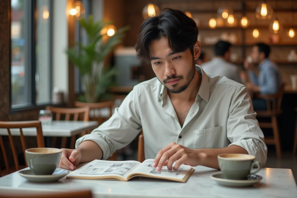 Un jeune homme lisant un manga boy love dans un café urbain, illustrant la popularité croissante du genre BL