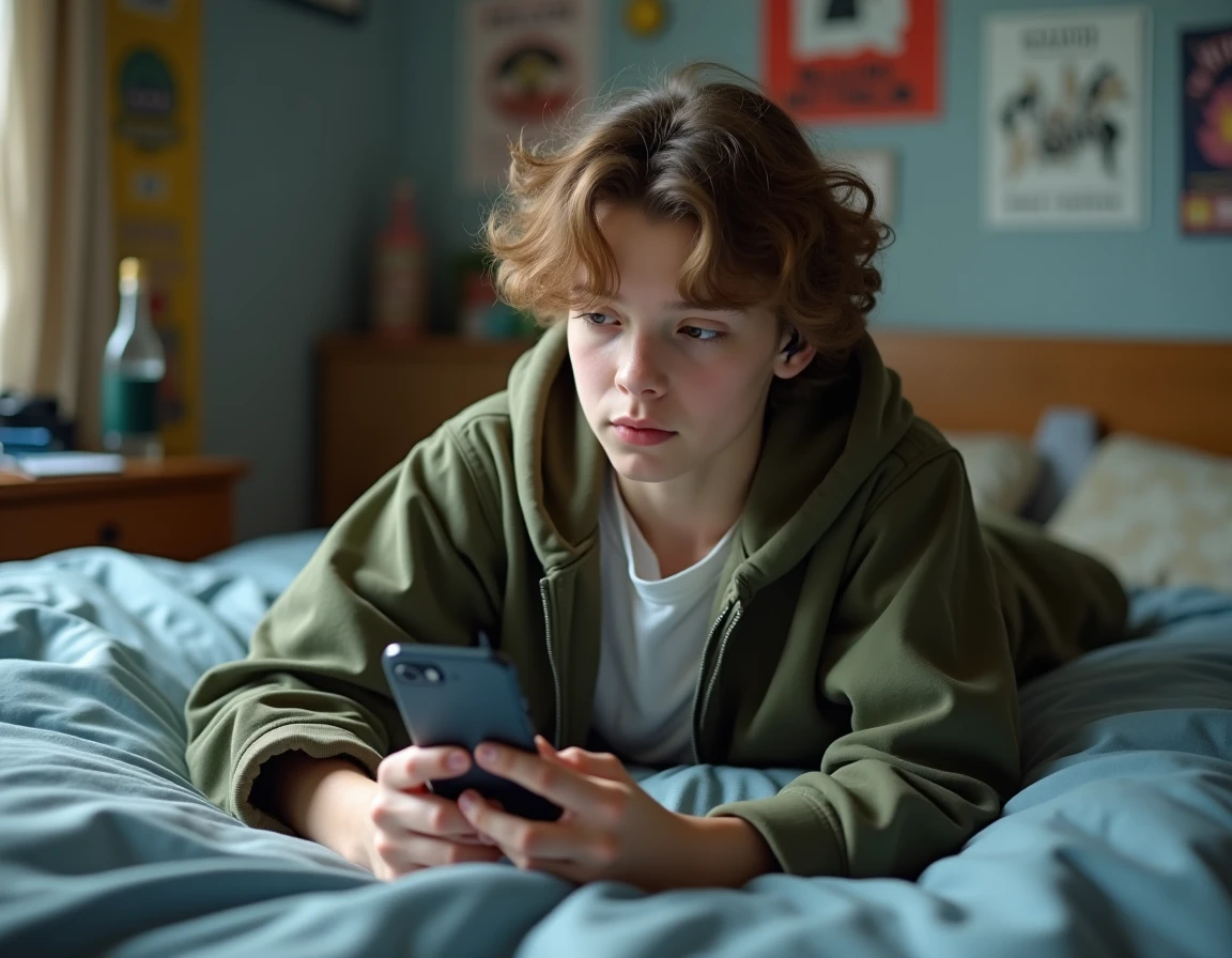 Adolescent lisant un scan manga sur smartphone dans sa chambre en toute discrétion