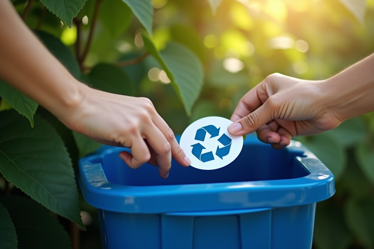 Mains posant un sticker recyclage sur un bac bleu