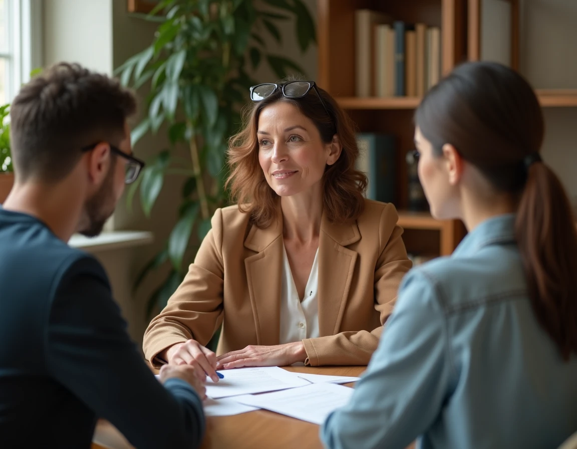Maître Annie Coupet, avocate en droit de la famille, accompagnant un couple lors d'une consultation juridique