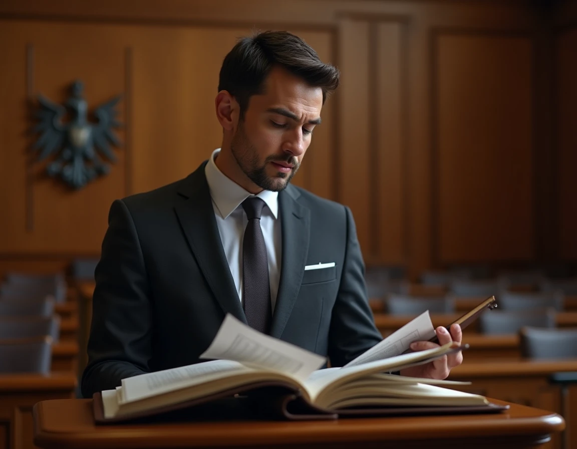 Maître David Lemercier en position de plaidoirie dans une salle d'audience pour un contentieux civil ou commercial