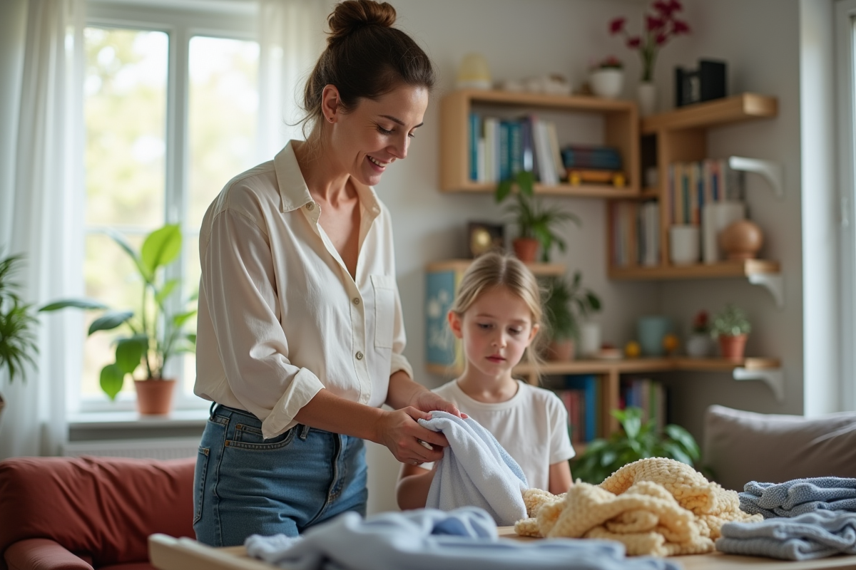 Maman faisant la lessive avec sa fille dans un salon lumineux