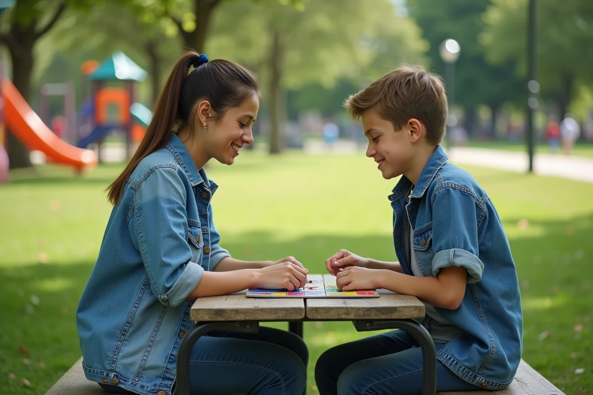 Mère et fils jouant ensemble à un jeu coloré sur un banc de parc