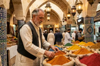 Marchand d'épices dans un souk couvert du Proche-Orient, entouré de sacs de toile remplis de safran et de curcuma dans un bazar en pierre ancienne