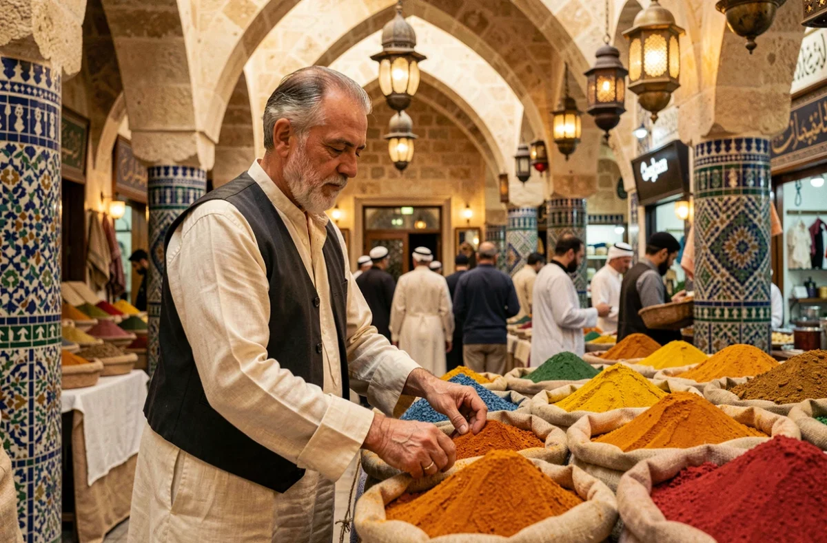 Marchand d'épices dans un souk couvert du Proche-Orient, entouré de sacs de toile remplis de safran et de curcuma dans un bazar en pierre ancienne
