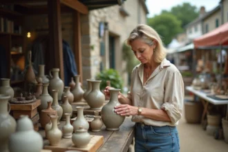 Femme examinant un vase ancien sur un marché aux puces en plein air dans le Morbihan en Bretagne