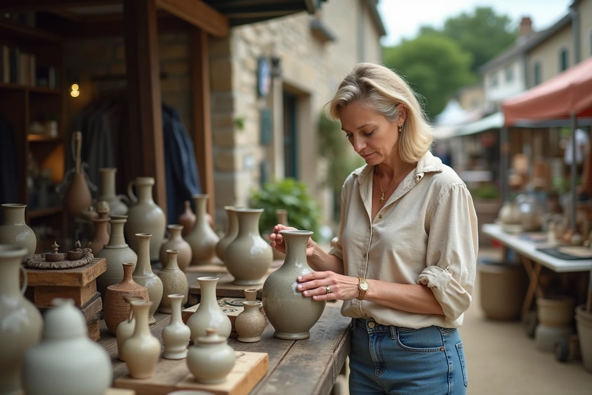 Femme examinant un vase ancien sur un marché aux puces en plein air dans le Morbihan en Bretagne