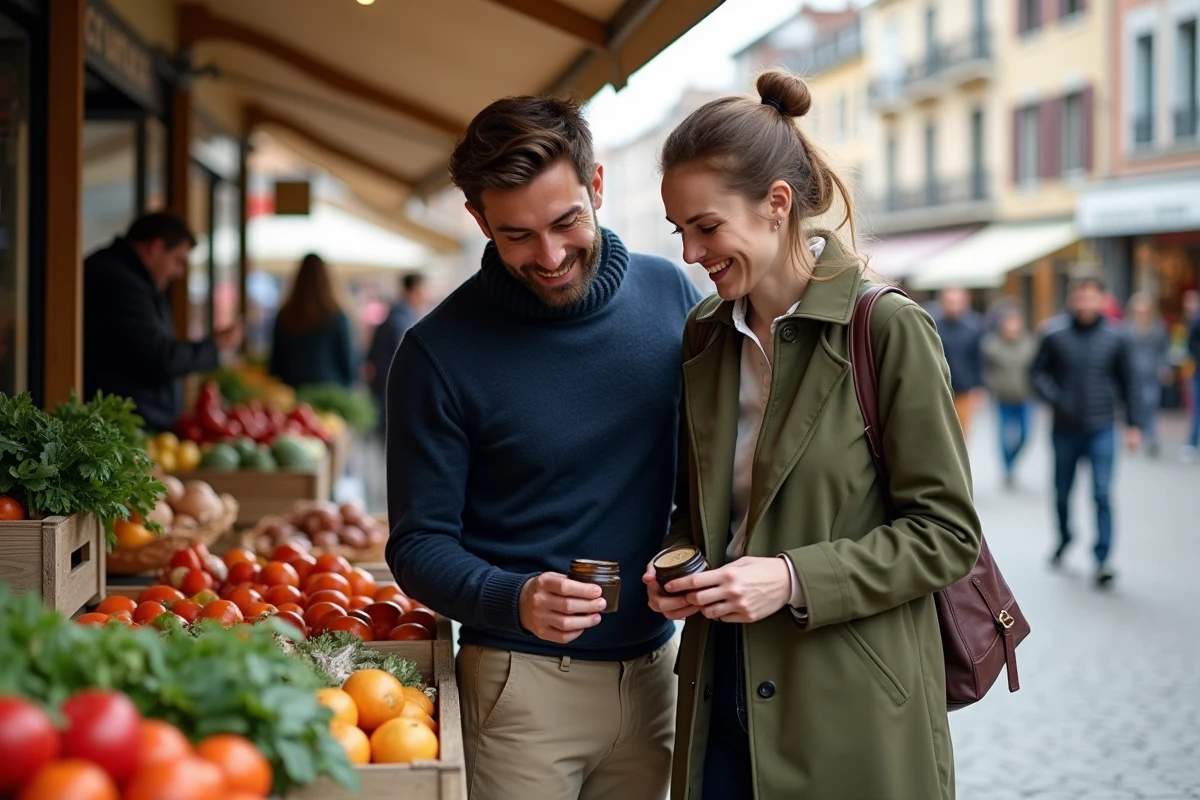 Couple visitant un marché dominical en plein air sur la Presqu'île de Lyon près de la Place Bellecour