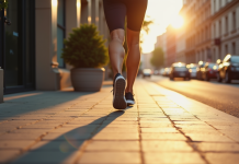 Personne marchant rapidement en ville avec tracker fitness