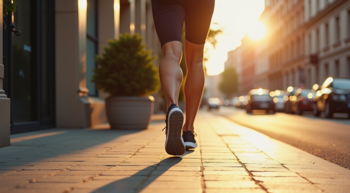 Personne marchant rapidement en ville avec tracker fitness
