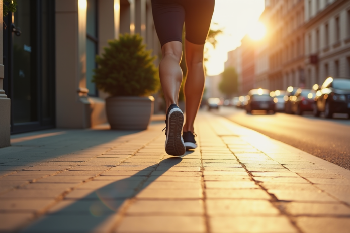 marcheur-ville-pied-fitness Personne marchant rapidement en ville avec tracker fitness