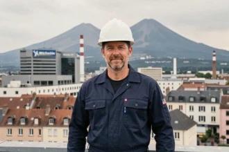 Électricien professionnel devant le panorama de Clermont-Ferrand illustrant le meilleur électricien de la ville