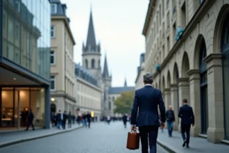 Vue panoramique de Rouen avec ses monuments historiques et un avocat en costume marchant dans la vieille ville