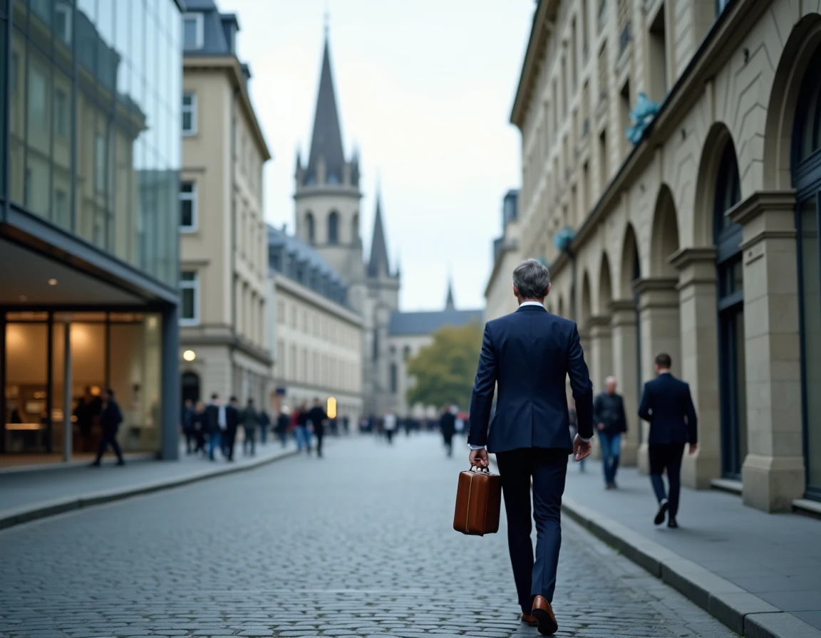 Vue panoramique de Rouen avec ses monuments historiques et un avocat en costume marchant dans la vieille ville
