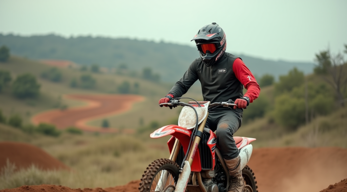 Jeune homme en motocross sur une piste accidentée