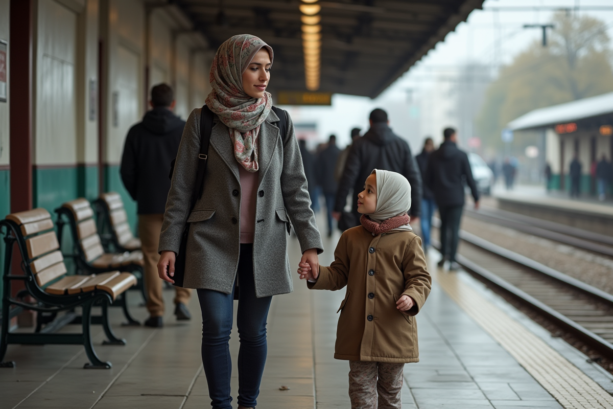 Jeune femme nord-africaine avec enfant à la gare
