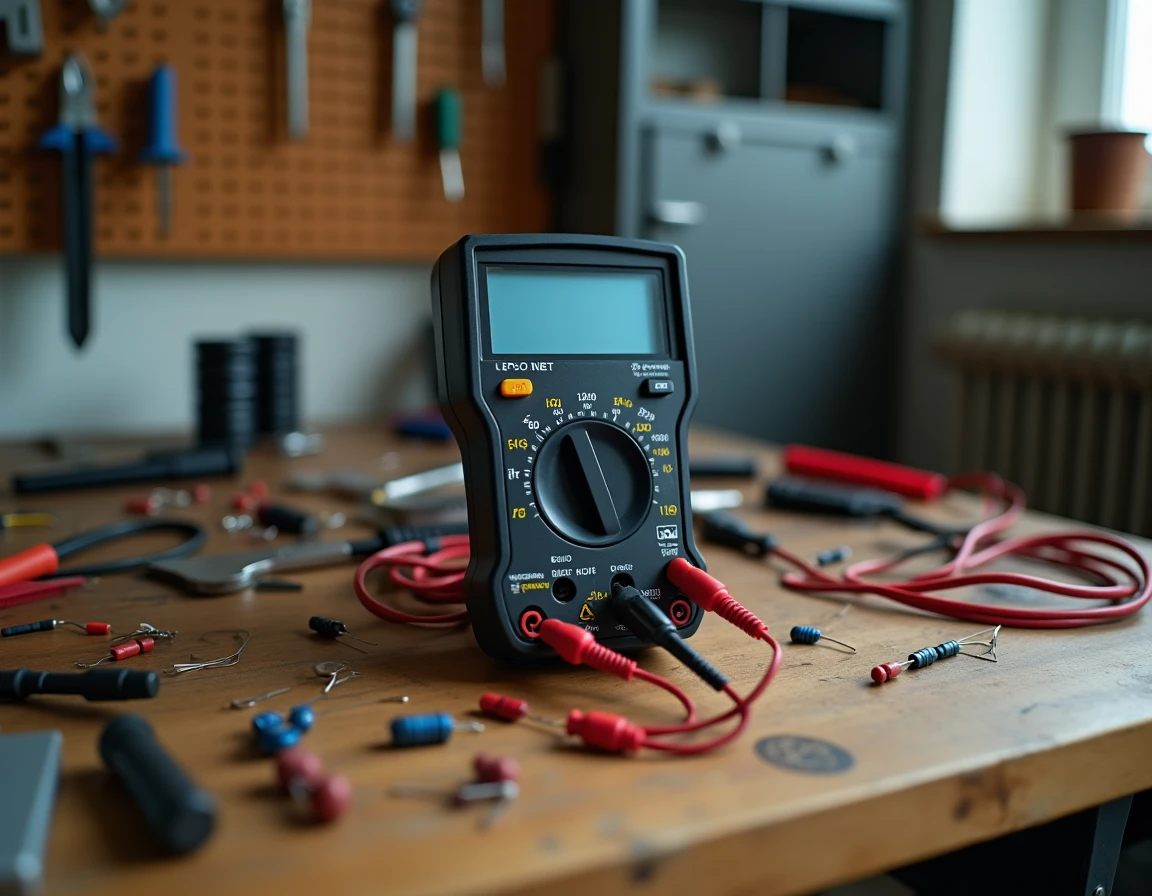 Multimètre numérique réglé sur la mesure de capacité posé sur un établi avec des composants électroniques comme des condensateurs et résistances
