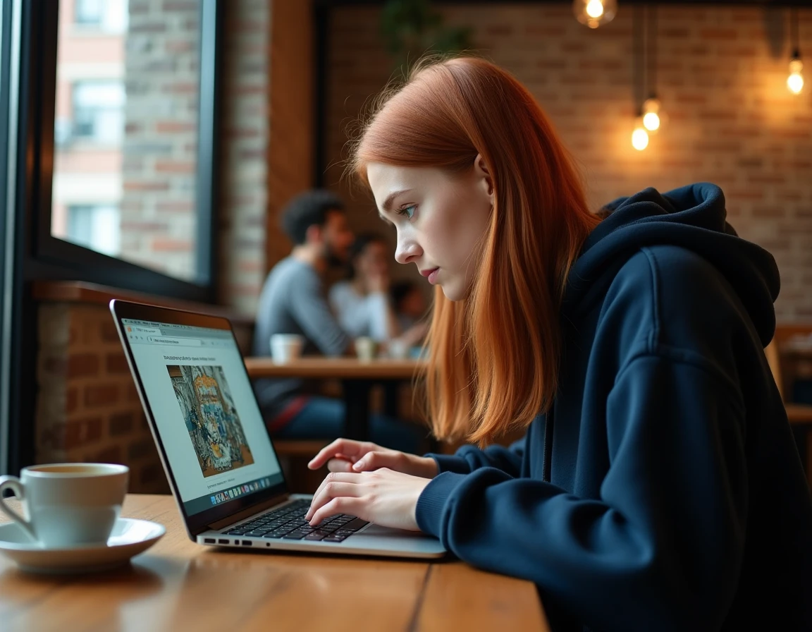 Jeune femme consultant un scan en navigation privée sur un ordinateur portable dans un café