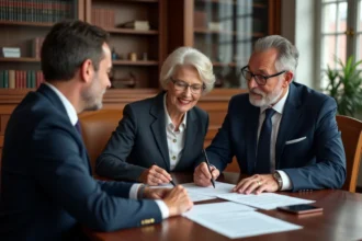 Notaire homme souriant avec une femme âgée dans un bureau élégant