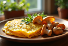 Omelette aux chanterelles dorées sur une assiette en bois