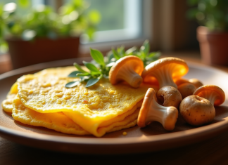 Omelette aux chanterelles dorées sur une assiette en bois