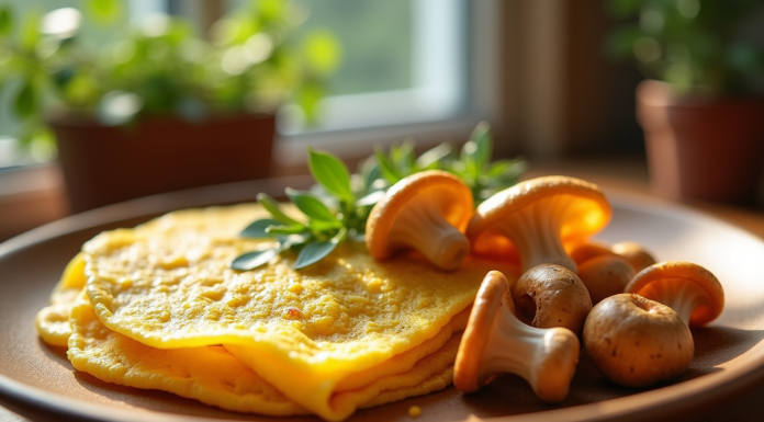 Omelette aux chanterelles dorées sur une assiette en bois