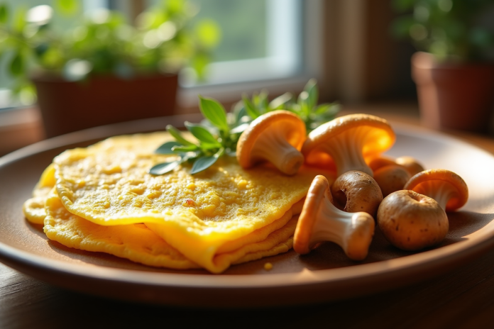 omelette-chanterelles-matinale Omelette aux chanterelles dorées sur une assiette en bois