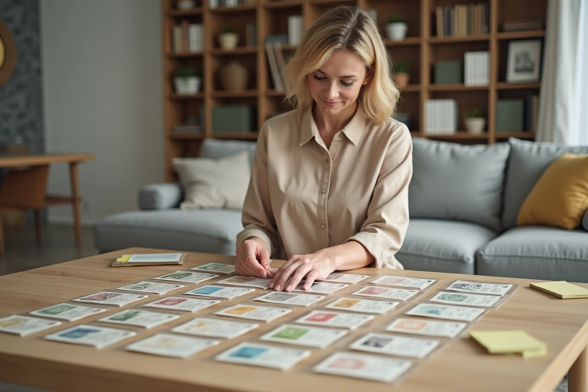 Femme organisant des cartes téléphoniques de collection dans des pochettes protectrices pour la vente