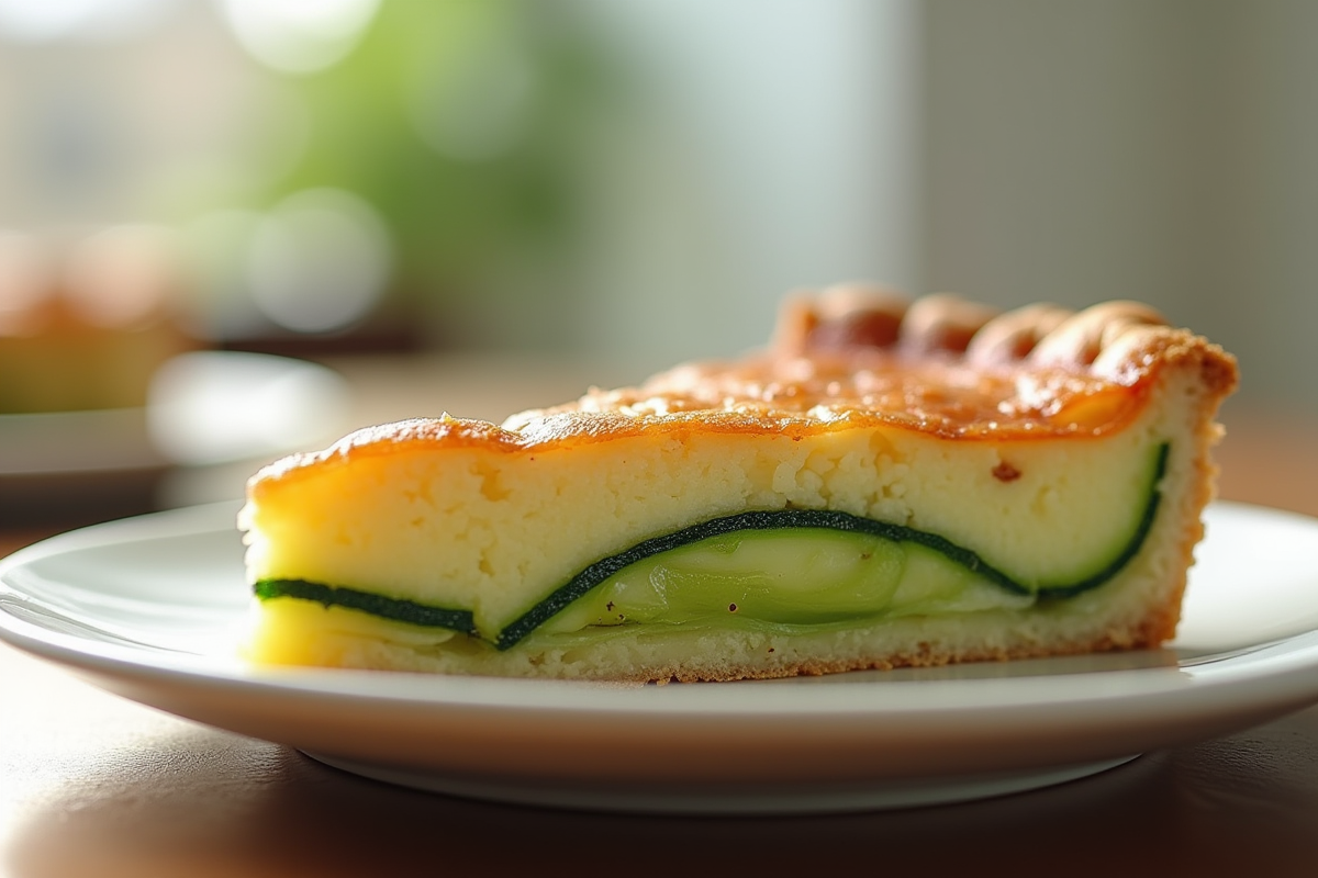 Tranche de tarte courgette sur assiette blanche