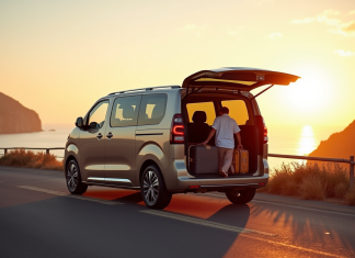 Peugeot Rifter 7 places au lever du soleil en bord de mer
